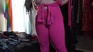 chubby girl squeezes fat ass into tight stretchy pink bodysuit