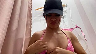 hot latina tries on bikini outdoors, perfect tits and big ass on display