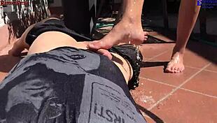 Erotique Entertainment Threesome: Two Amateur Girls Footjob Big Dick Barefoot Patio