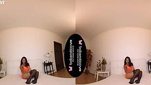 a solo woman isabela chrystin masturbates her pussy in vr while wearing heels stockings and lingerie
