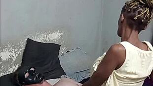 hottest braided ebony teen slut sucks masked man's white cock yellow dress ride doggystyle pounding