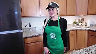 Busty Starbucks barista SQUIRTS on BBC and swallows cum on shift!