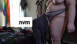 chubby girl squeezes fat ass into tight stretchy pink bodysuit