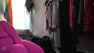 chubby girl squeezes fat ass into tight stretchy pink bodysuit