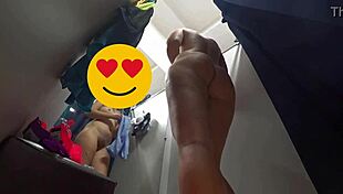 Peeping on curvy milf's big butt and hairy pussy flashing no panties in fitting room spy cam