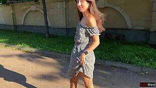 SKINNY TEEN FLASHES ASS PLUG UNDER FISHNET PANTYHOSE PUBLIC UPSKIRT CLOSEUP