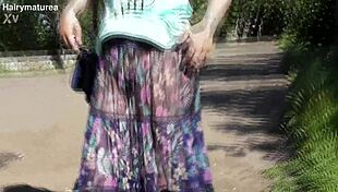 Hairy Mature's Sheer Dress Teases Outdoor View