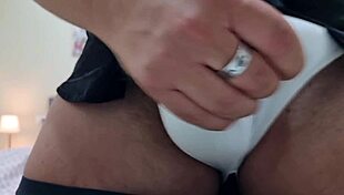 Sexy hung guy rips white slips and jerks oiled big cock! 😈 Big hairy balls closeup cumshot dirty moans 💦