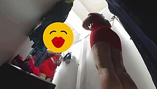 Peeping on curvy milf's big butt and hairy pussy flashing no panties in fitting room spy cam