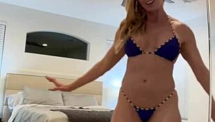 hey slutty milf housewife trying on bikinis, tits popping out everywhere?