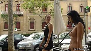 Bound naked babe pissed on then publicly paraded by dom