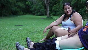 voyeur woman strokes me hard outdoors in public park forest