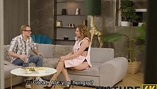 Mature Russian cougar seduces on sofa with shaved pussy fuck