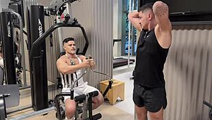 testosterone surges as horny gym babe bends for muscular trainer's deep pounding