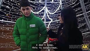 Hunt4k girlfriend picks up stranger for christmas fun while cuckold watches lesson
