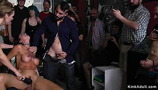 Bound naked babe pissed on then publicly paraded by dom