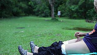 voyeur woman strokes me hard outdoors in public park forest