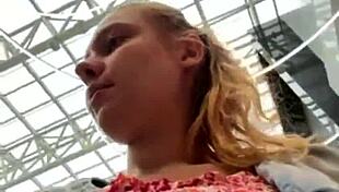 Horny SHAVED PUSSY FUCKED CLOSE UP IN PUBLIC with BIG NATURAL TITS BOUNCING!