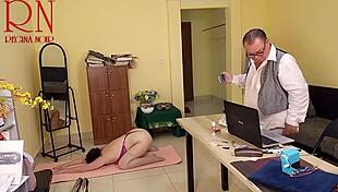 yoga slut regina noir spreads juicy pussy lips in office closeup
