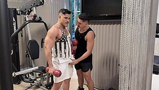 testosterone surges as horny gym babe bends for muscular trainer's deep pounding
