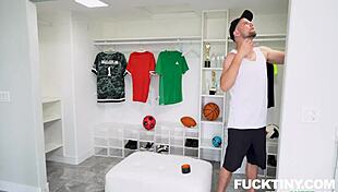 Angel cheerleader sneaks coach cock deep in locker room action