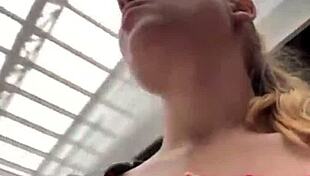 Horny SHAVED PUSSY FUCKED CLOSE UP IN PUBLIC with BIG NATURAL TITS BOUNCING!