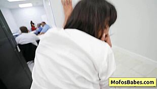 busty milf sasha pearl parker ambrose sucks fat white dick in office as co-workers watch her get pounded