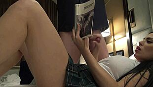 Big tits big ass brunette babe teases cock with slow edging handjob in uniform skirt