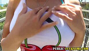 Busty Amateur Flashes Massive Tits In Public Bikini Tease