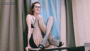 aunt in glasses and fishnets teases her huge clit and hairy pussy just for you