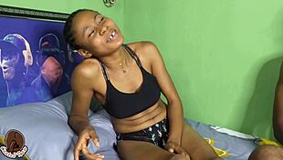 Skinny ebony squirts creamy tight pussy cream all over throbbing cock
