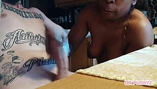 Ebony babe gives slow motion handjob deepthroat and massive facial cumshot