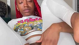skinny ebony bodybuilder teases huge clit through leggings at her glory hole
