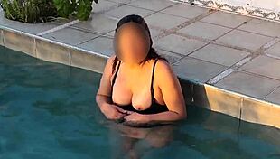 Stepmom flashes pool tits then takes cum in hairy pussy