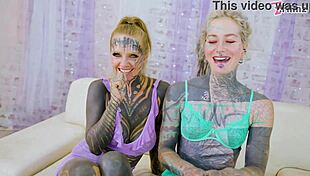 Tattooed girls' hard fuck threesome ends in epic facial and gape?