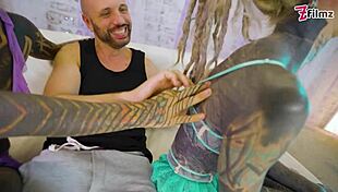 Tattooed girls' hard fuck threesome ends in epic facial and gape?