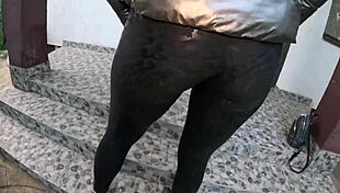 Curvy housewife gets gardener's huge cumshot all over shiny jacket outdoors