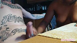 Ebony babe gives slow motion handjob deepthroat and massive facial cumshot