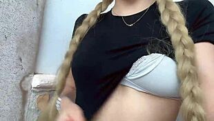 omg cute blonde 18+ rubs clit in stepdad's garden and squirts!!