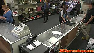 Spex beauty mounts pawnbroker's monster cock and rides it wildly on hidden cam