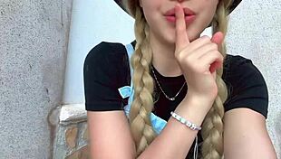 omg cute blonde 18+ rubs clit in stepdad's garden and squirts!!