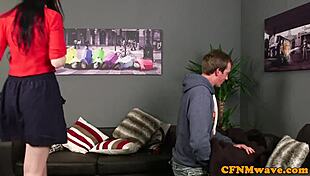 classy cfnm redhead teen tugs hard cock in group humiliation voyeur scene