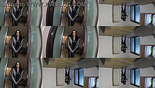 Curvy housewife gets gardener's huge cumshot all over shiny jacket outdoors