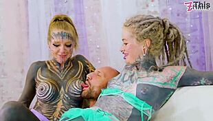 Tattooed girls' hard fuck threesome ends in epic facial and gape?