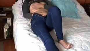 i pull down jeans and panties to show big hairy pussy while masturbating desperately