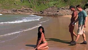brazilian tanned beach babe lets two guys double penetrate her tight ass and pussy with hot cumshots