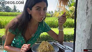 Skinny Teen Eats Cum Pasta In Cafe With Facial Dripping Down