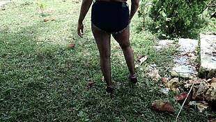 stepmom not satisfied with stepsons dick so she shoves bottle in pussy to quench fire in open jungle huge tits big ass outdoor