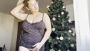 big tits blonde teen rubs pussy by christmas tree twinkling lights