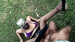 stepmom not satisfied with stepsons dick so she shoves bottle in pussy to quench fire in open jungle huge tits big ass outdoor